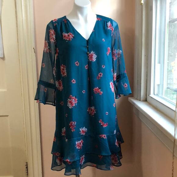 A pea in the pod Deep Green Floral Midi Dress Small 3/4 Sleeve Lined Ruffle - Picture 1 of 7